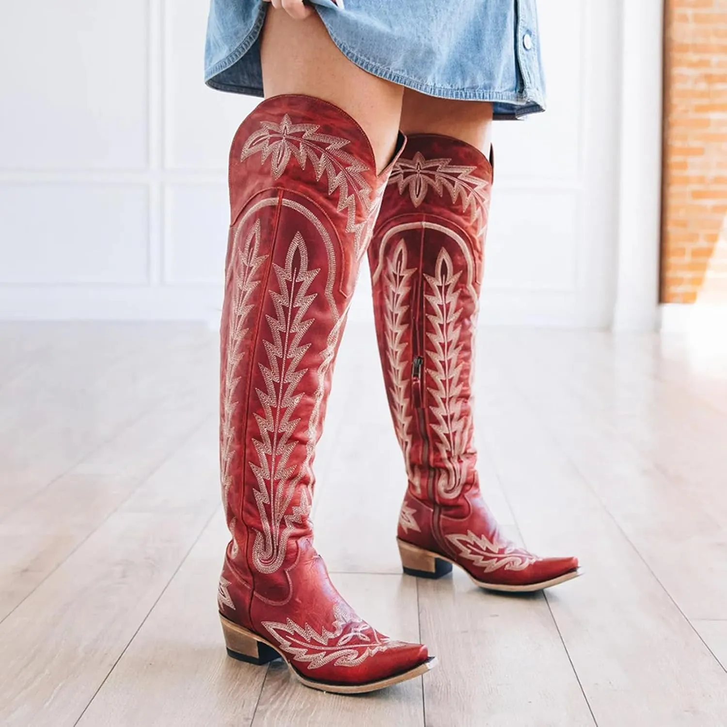 olomisa Over The Knee Cowboy Boots for Women Classic Embroidery Low Chunky Heel Side Zipper Thigh High Cowgirl Boots