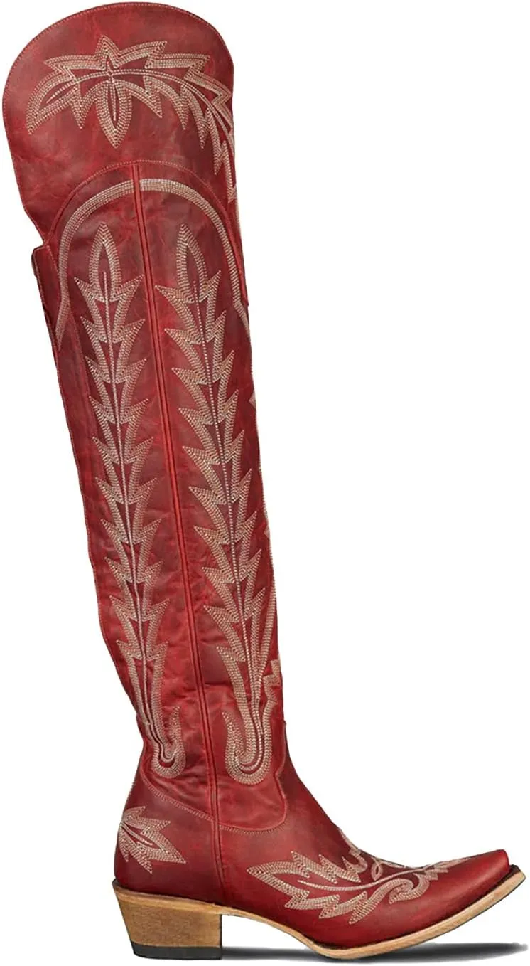 olomisa Over The Knee Cowboy Boots for Women Classic Embroidery Low Chunky Heel Side Zipper Thigh High Cowgirl Boots