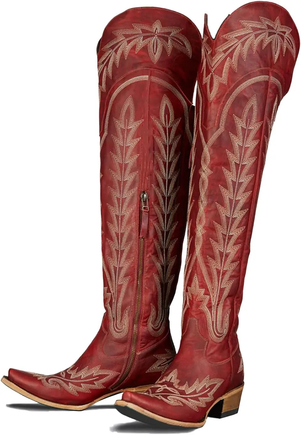 olomisa Over The Knee Cowboy Boots for Women Classic Embroidery Low Chunky Heel Side Zipper Thigh High Cowgirl Boots