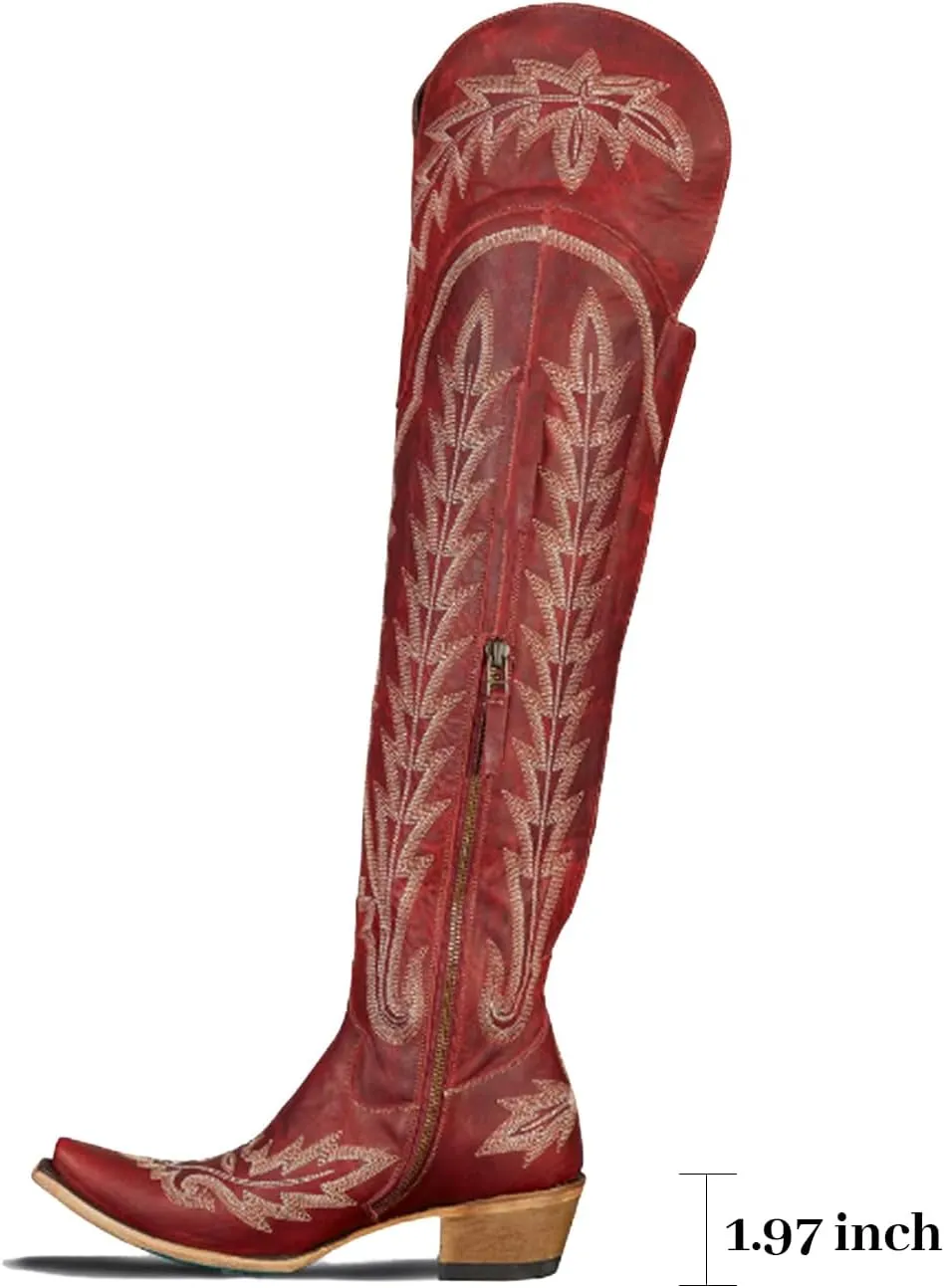 olomisa Over The Knee Cowboy Boots for Women Classic Embroidery Low Chunky Heel Side Zipper Thigh High Cowgirl Boots