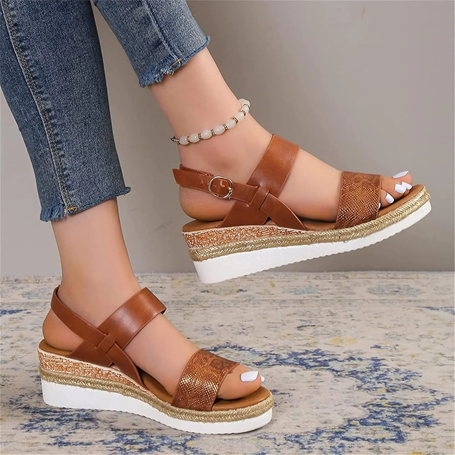 OMIREL Womens Espadrilles Wedges Sandals Open Toe Platform Ankle Strap Summer Shoes Snake Print Slingback Platform Fish Mouth Sandals Orthopedic Arch Support Outdoor Shoes,Brown,EU37/US6