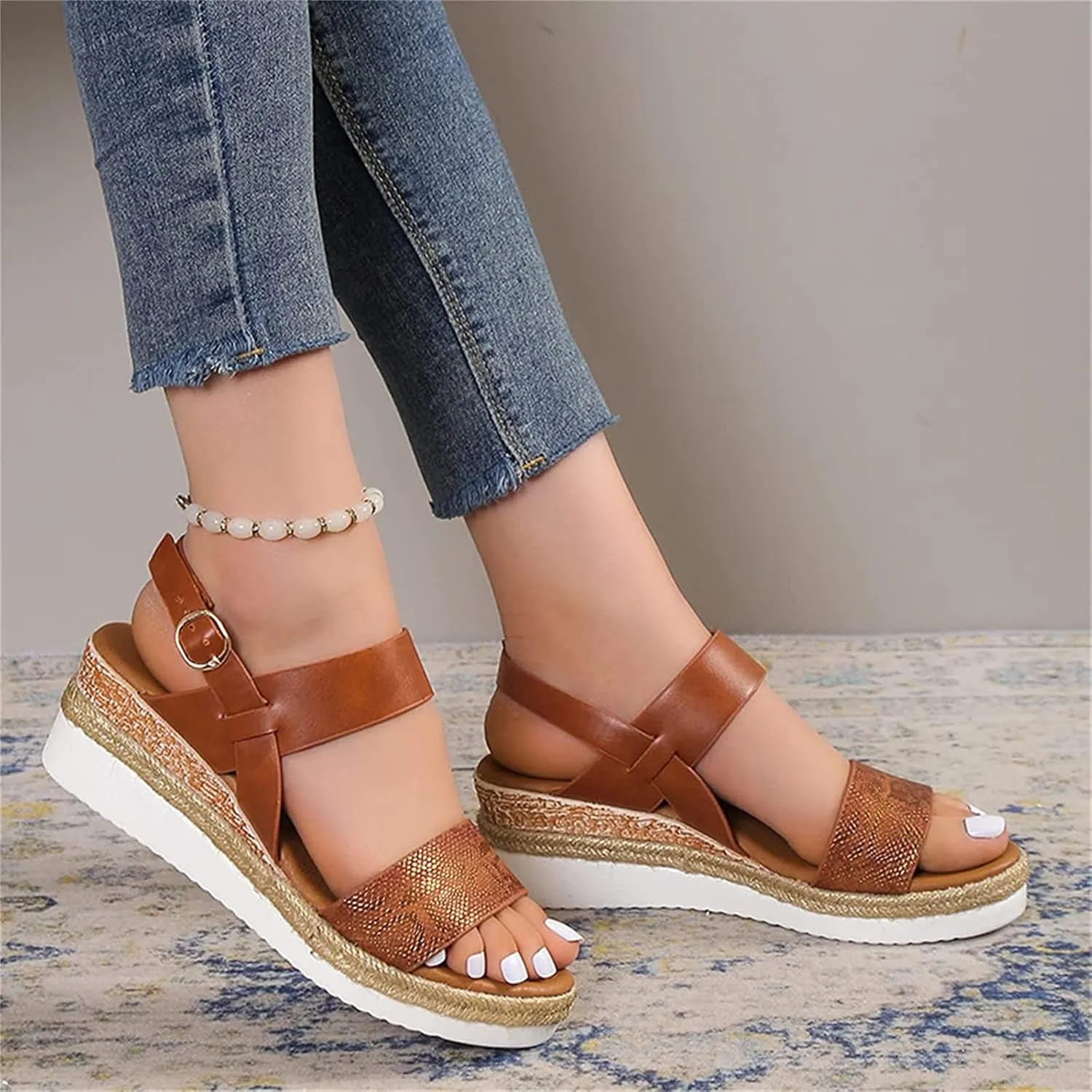OMIREL Womens Espadrilles Wedges Sandals Open Toe Platform Ankle Strap Summer Shoes Snake Print Slingback Platform Fish Mouth Sandals Orthopedic Arch Support Outdoor Shoes,Brown,EU37/US6