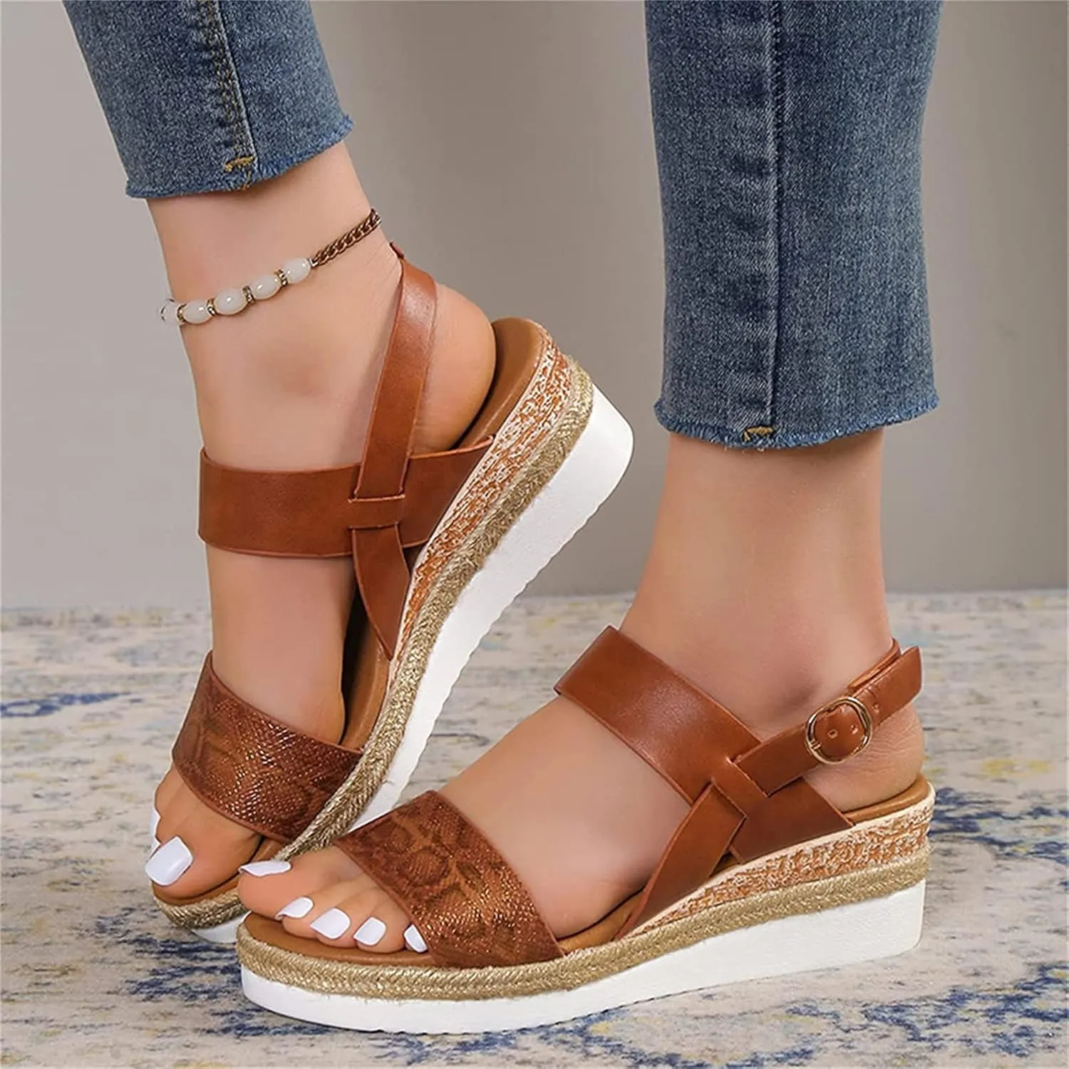 OMIREL Womens Espadrilles Wedges Sandals Open Toe Platform Ankle Strap Summer Shoes Snake Print Slingback Platform Fish Mouth Sandals Orthopedic Arch Support Outdoor Shoes,Brown,EU37/US6