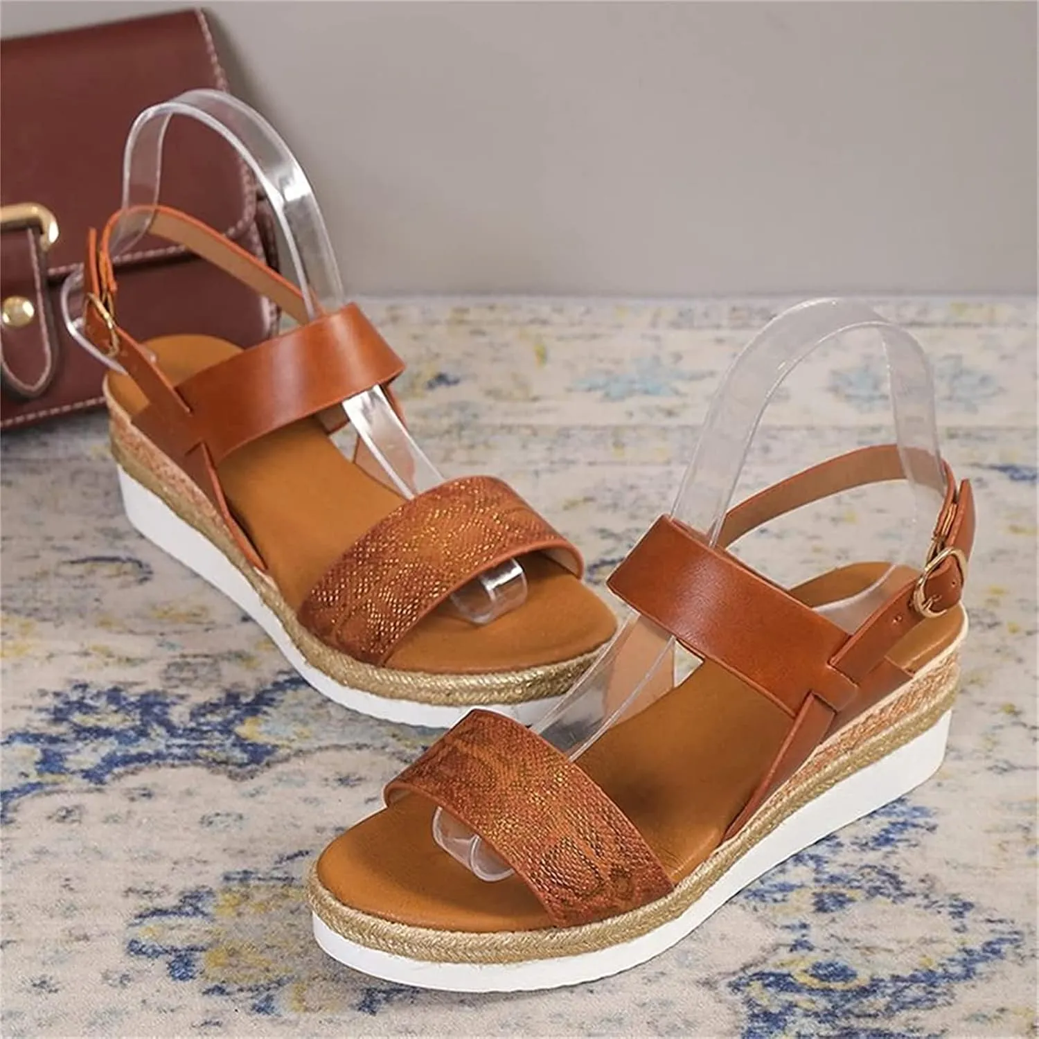 OMIREL Womens Espadrilles Wedges Sandals Open Toe Platform Ankle Strap Summer Shoes Snake Print Slingback Platform Fish Mouth Sandals Orthopedic Arch Support Outdoor Shoes,Brown,EU37/US6