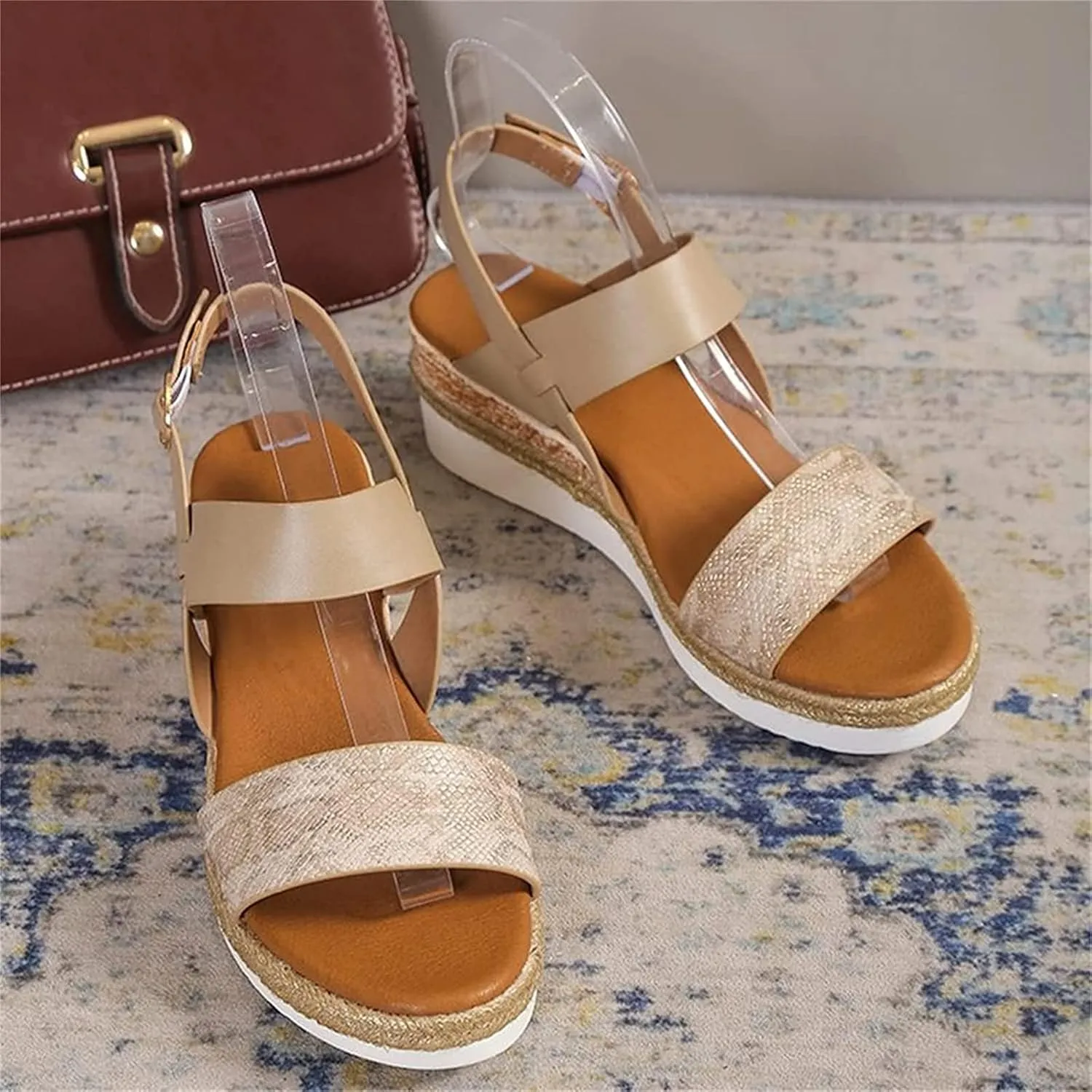 OMIREL Womens Espadrilles Wedges Sandals Open Toe Platform Ankle Strap Summer Shoes Snake Print Slingback Sandals Comfortable Fish Mouth Sandals Ankle Strap Beach Shoes,Beige,EU43/US11