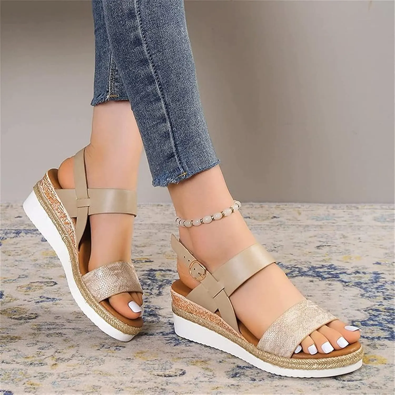 OMIREL Womens Espadrilles Wedges Sandals Open Toe Platform Ankle Strap Summer Shoes Snake Print Slingback Sandals Comfortable Fish Mouth Sandals Ankle Strap Beach Shoes,Beige,EU43/US11