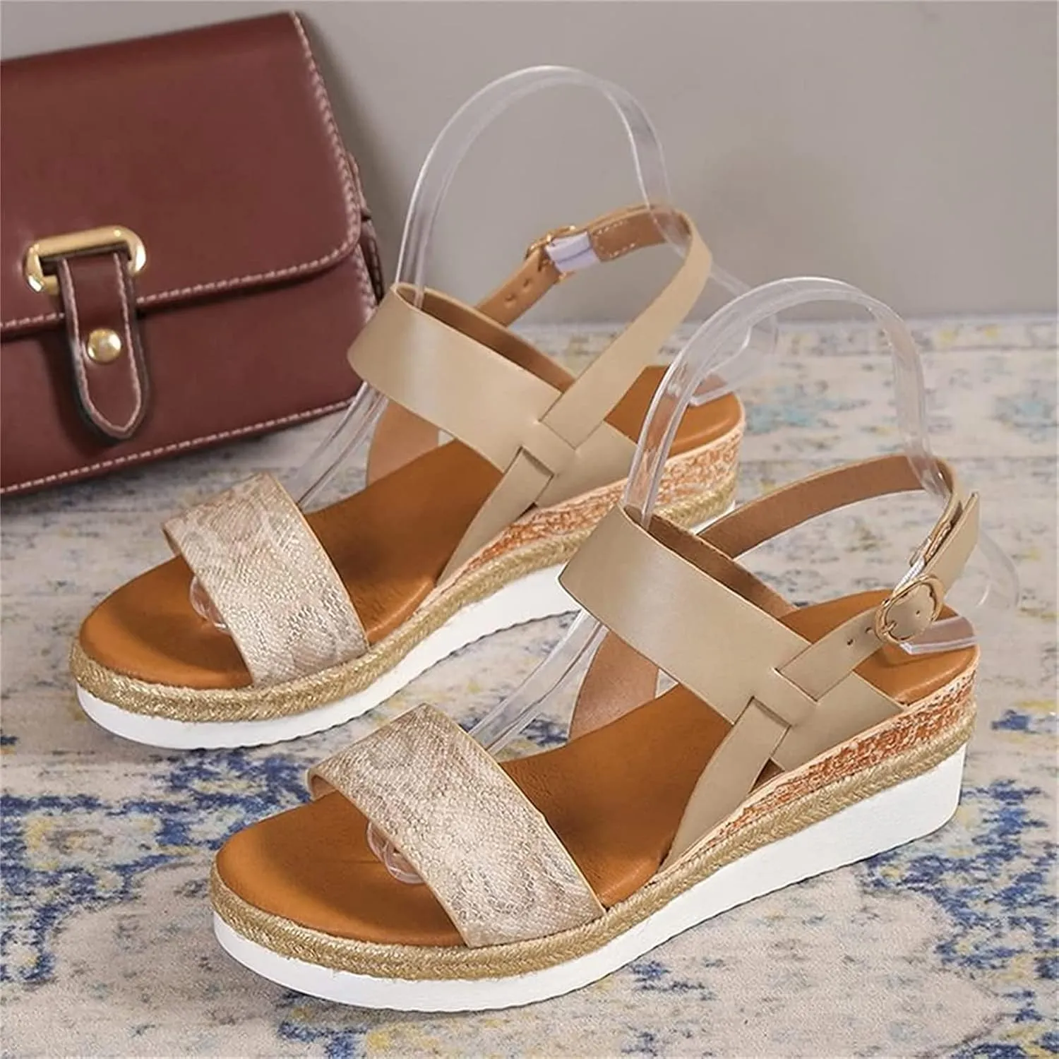 OMIREL Womens Espadrilles Wedges Sandals Open Toe Platform Ankle Strap Summer Shoes Snake Print Slingback Sandals Comfortable Fish Mouth Sandals Ankle Strap Beach Shoes,Beige,EU43/US11