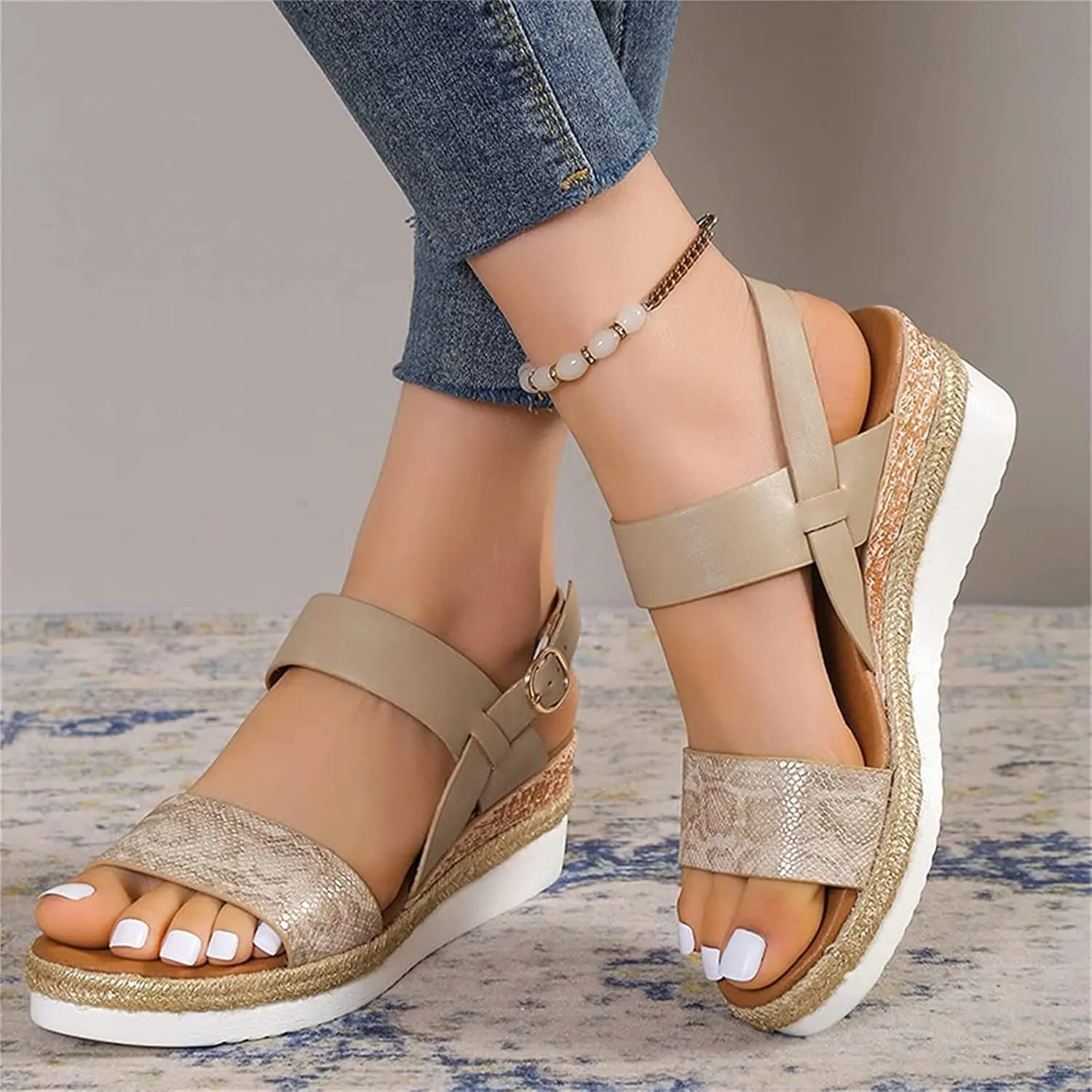 OMIREL Womens Espadrilles Wedges Sandals Open Toe Platform Ankle Strap Summer Shoes Snake Print Slingback Sandals Comfortable Fish Mouth Sandals Ankle Strap Beach Shoes,Beige,EU43/US11