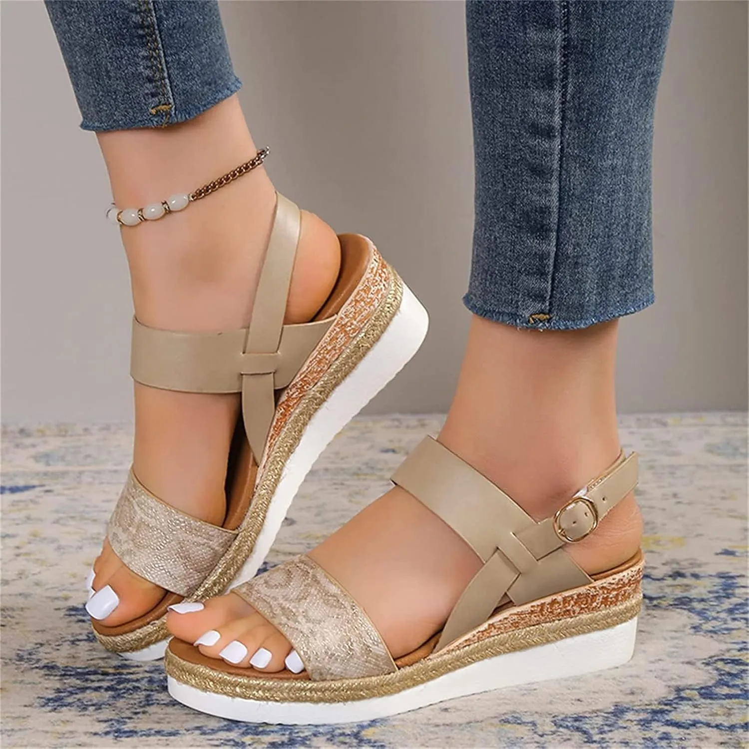OMIREL Womens Espadrilles Wedges Sandals Open Toe Platform Ankle Strap Summer Shoes Snake Print Slingback Sandals Comfortable Fish Mouth Sandals Ankle Strap Beach Shoes,Beige,EU43/US11
