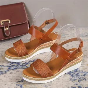 OMIREL Women's Summer Sandals Casual Wedge Shoes Snake Print Slingback Comfortable Ankle Strap Outdoor Platform Sandals Open Toe Espadrilles Fish Mouth Walking Shoes,Brown,EU35/US4.5