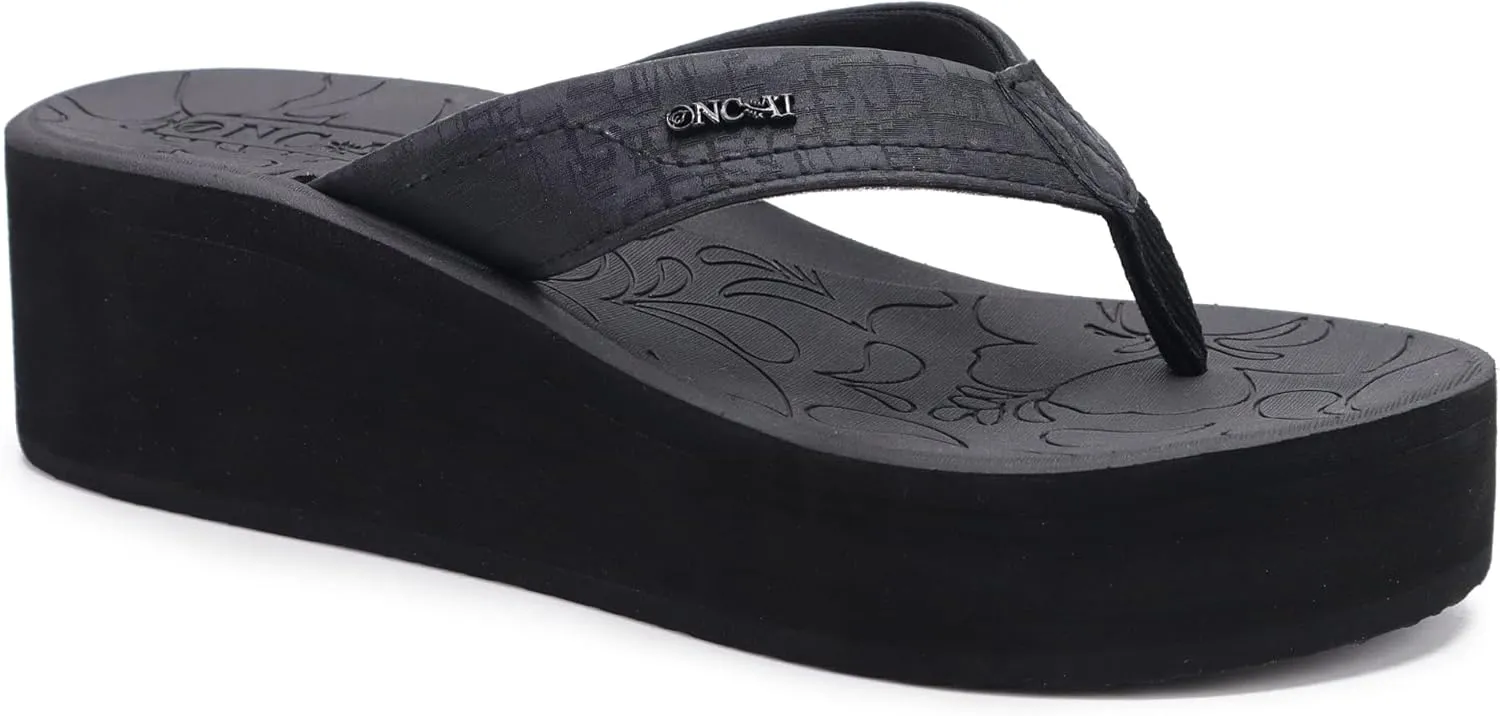 ONCAI Women’s Platform Flip Flops 2025 Womans Dressy Summer Beach Essentials Sandals with Trendy Comfortable Flatform Walking Outdoor Rubber Soles Black size 8