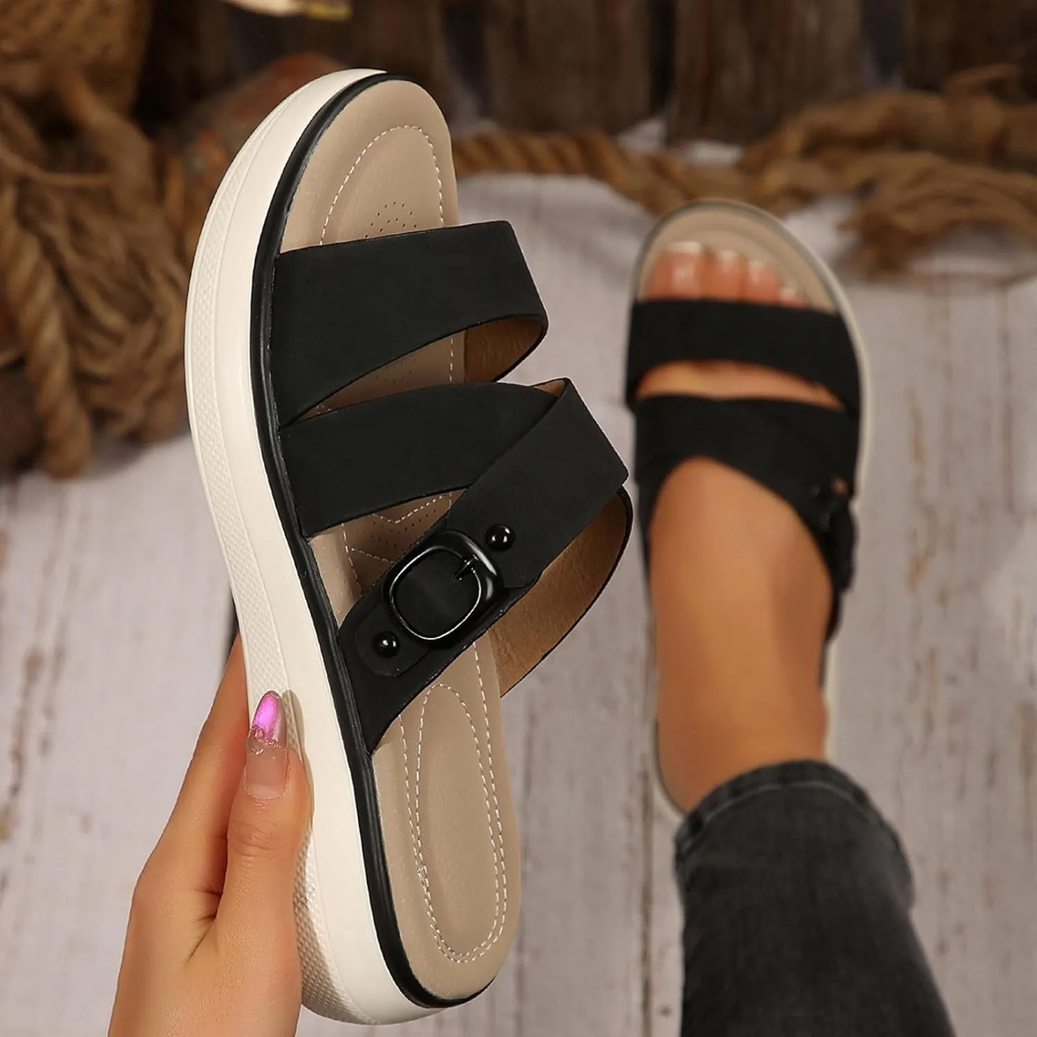 Open Toe Sandals For Women Cute Women'S Dress Shoes Strappy Summer Strappy Sandals Sand Beach Platform Slides
