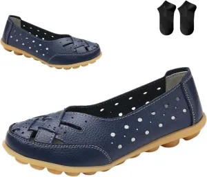 Orthopedic Loafers in Breathable Leather,Womens Casual Soft Sole Hollow Slip On Flat Shoes,Fashion Closed Toe Boat Shoes