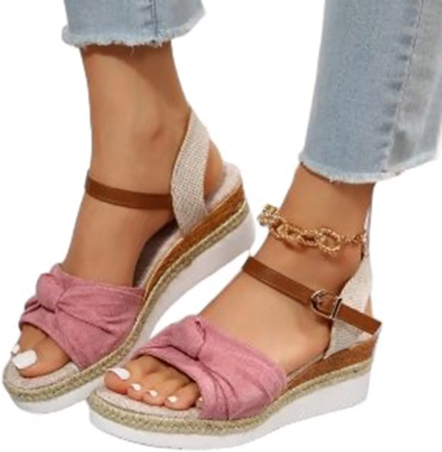 Orthopedic Platform Wedge Sandals for Women Summer Dressy Breathable Open Toe Strappy Ankle Strap Metal Buckle Slip On Sandals Beach Boho Sandal Comfortable Outdoor Shoes