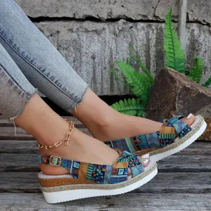 Orthopedic Platform Wedge Sandals for Women Summer Dressy Flat 2023 Open Toe Ankle Strap Espadrilles Sandals Casual Strappy Slip on Sandals Beach Boho Sandals Comfortable Outdoor Shoes (Blue #3, 9)