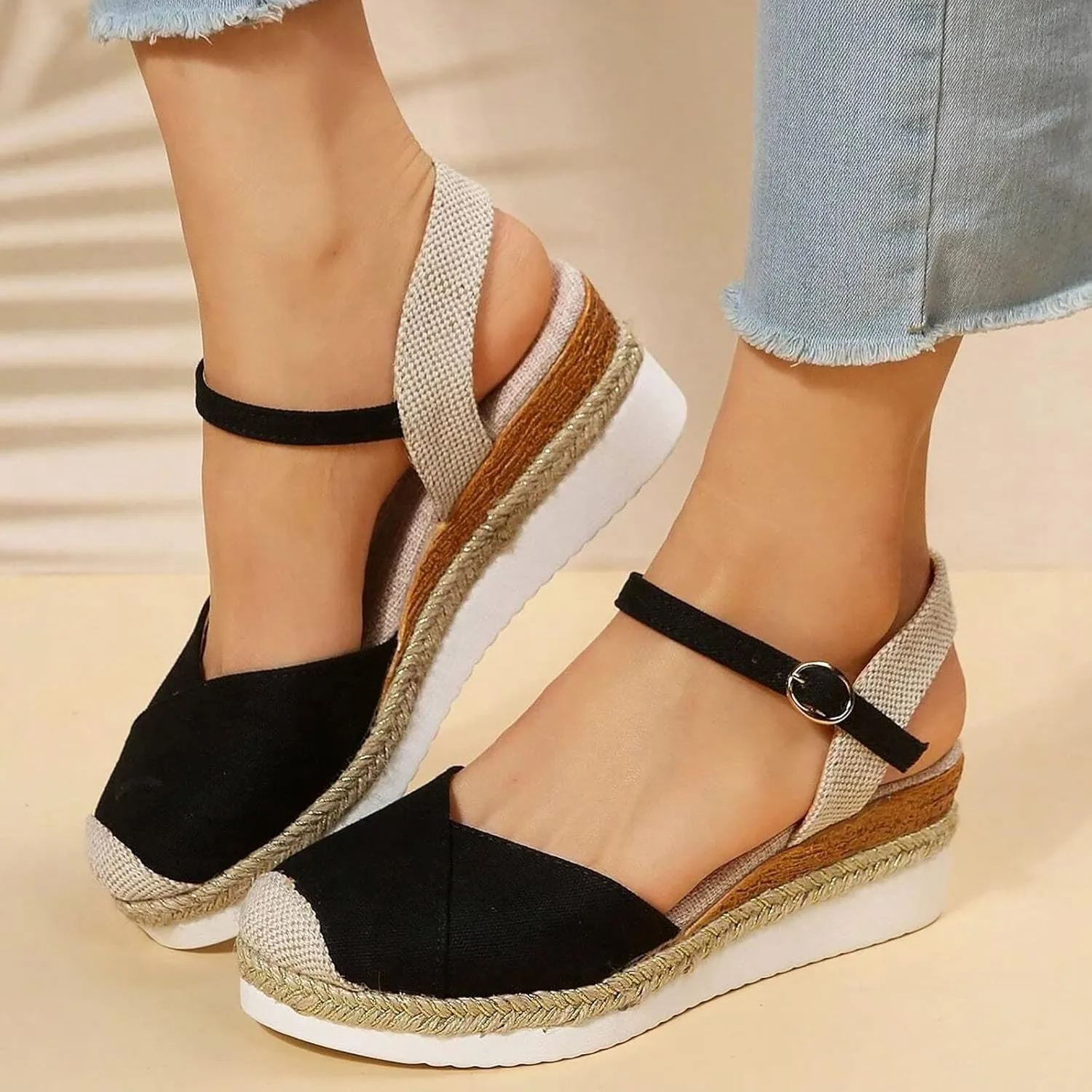 Orthopedic Wedge Sandals for Women 2025 Summer Dressy Flat Open Toe Ankle Strap Espadrilles Casual Strappy Slip on Platform Sandals Shoes Beach Boho Sandals Comfortable Outdoor Shoe