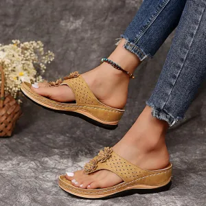 Orthopedic Wedge Sandals for Women Summer Dressy 2023 Open Toe Platform Sandals Wedges Casual Low Heel Sandals with Arch Support Anti-Slip Comfortable Slip On Flip Flops Sandals Vintage (Khaki-g, 7)