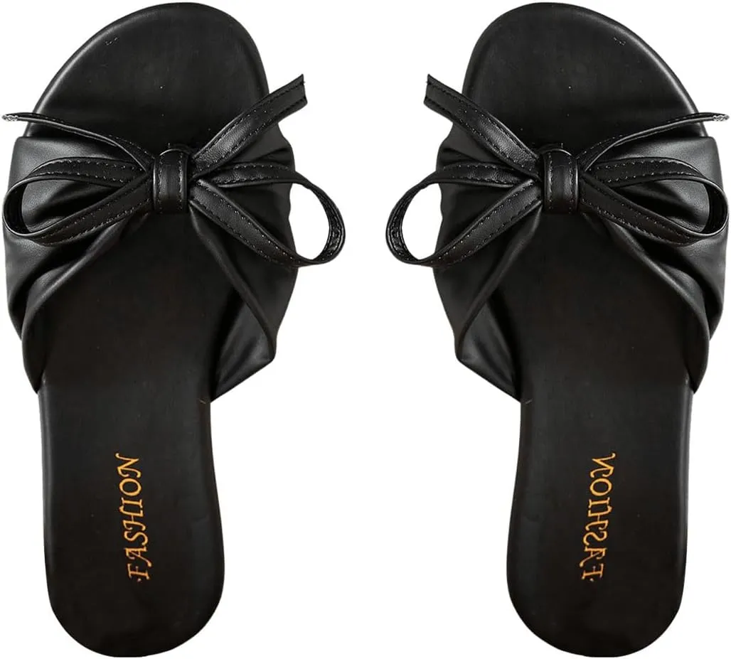 OYOANGLE Women's Leather Bow Open Toe Flat Slide Sandals