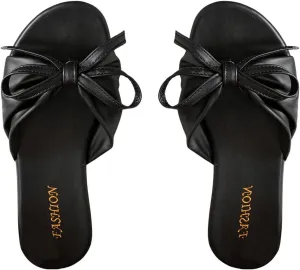 OYOANGLE Women's Leather Bow Open Toe Flat Slide Sandals