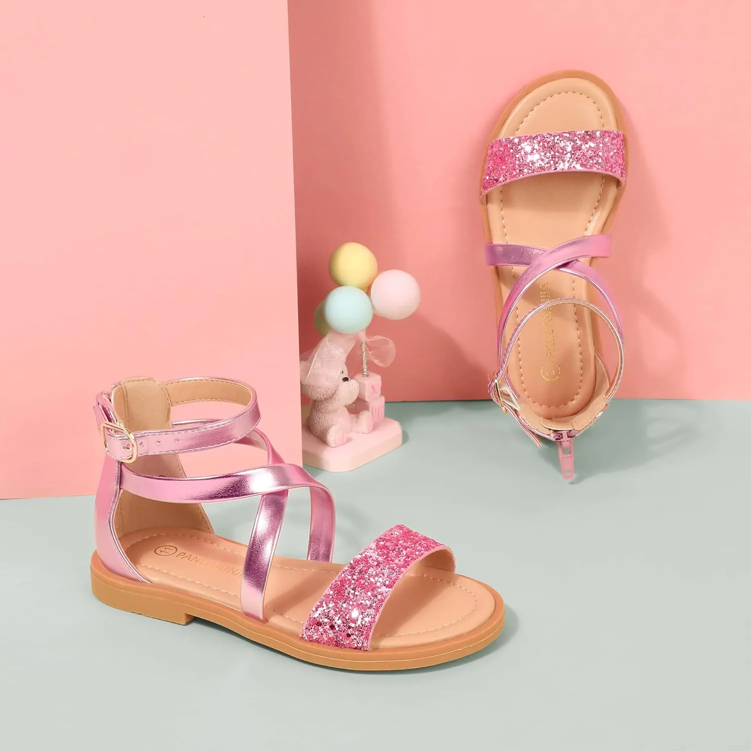PANDANINJIA Cindy Girls Gladiator Sandals Toddler/Little Kid Open Toe Cross Strappy Dress Flats Sandals Summer Shoes with Back Zipper