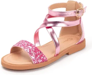PANDANINJIA Cindy Girls Gladiator Sandals Toddler/Little Kid Open Toe Cross Strappy Dress Flats Sandals Summer Shoes with Back Zipper