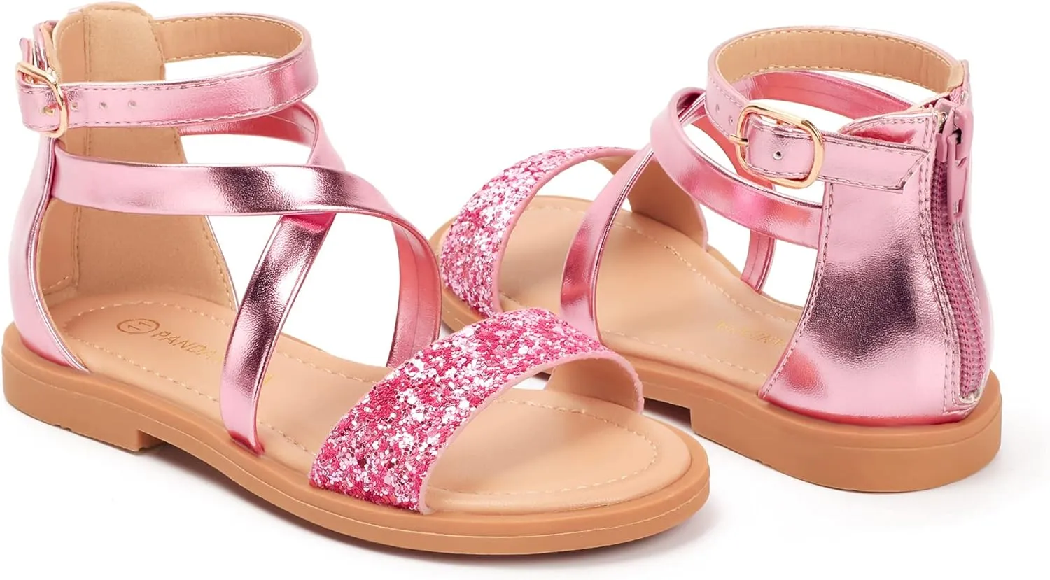 PANDANINJIA Cindy Girls Gladiator Sandals Toddler/Little Kid Open Toe Cross Strappy Dress Flats Sandals Summer Shoes with Back Zipper