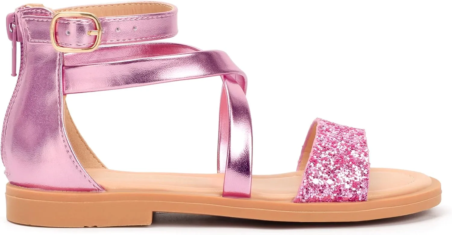 PANDANINJIA Cindy Girls Gladiator Sandals Toddler/Little Kid Open Toe Cross Strappy Dress Flats Sandals Summer Shoes with Back Zipper