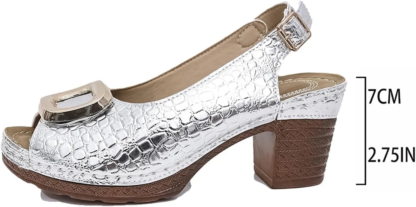 Platform Chunky Mid Heels Slingback Comfortable Elegant Dress Shoes,Women’s Block Peep Toe Ankle Strap Sandals,Fashion Comfortable Mules