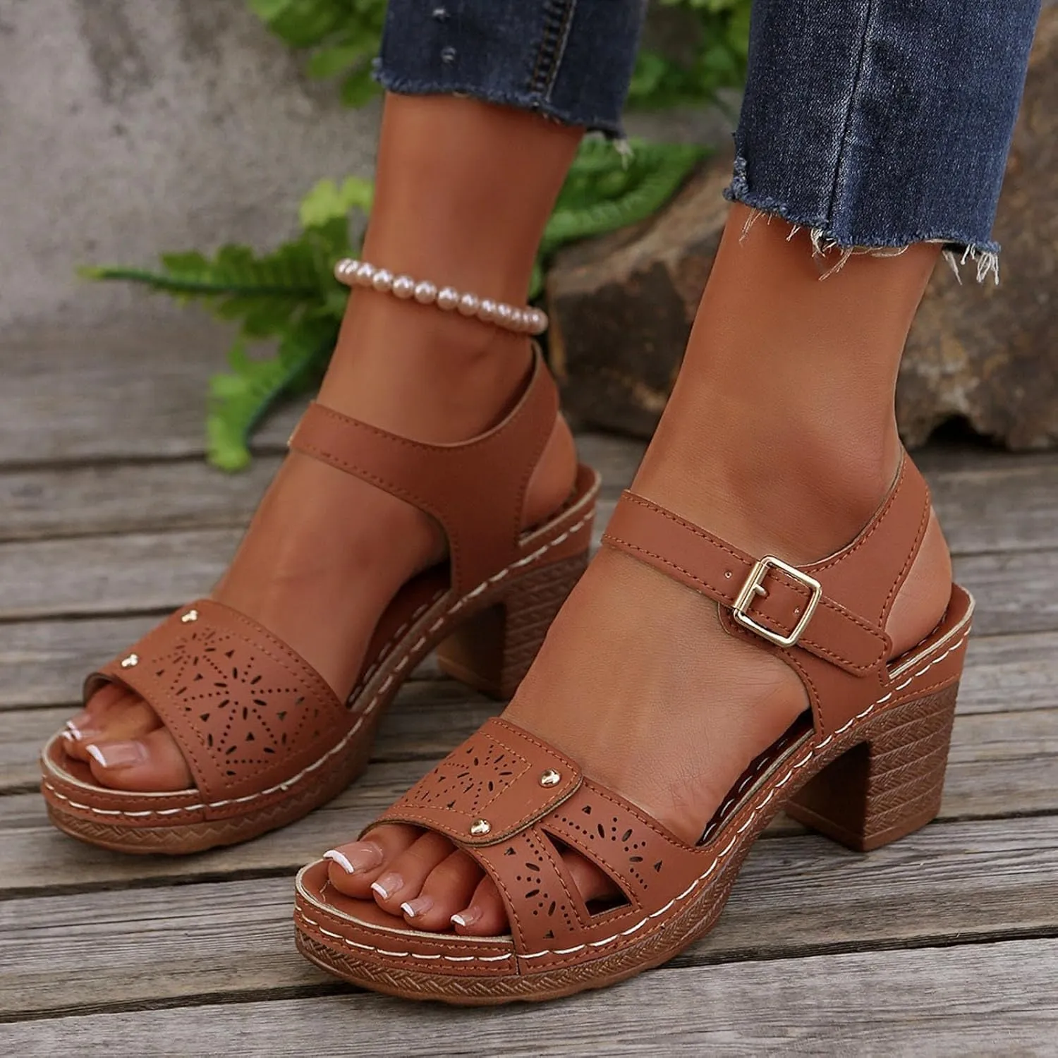 Platform Heels for Women 2025 Suede Chunky Heels Sandals Open Toe Block Heeled Sandals with Adjustable Straps Hollow Out Flowers Summer Shoes