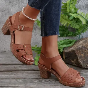 Platform Heels for Women 2025 Suede Chunky Heels Sandals Open Toe Block Heeled Sandals with Adjustable Straps Hollow Out Flowers Summer Shoes