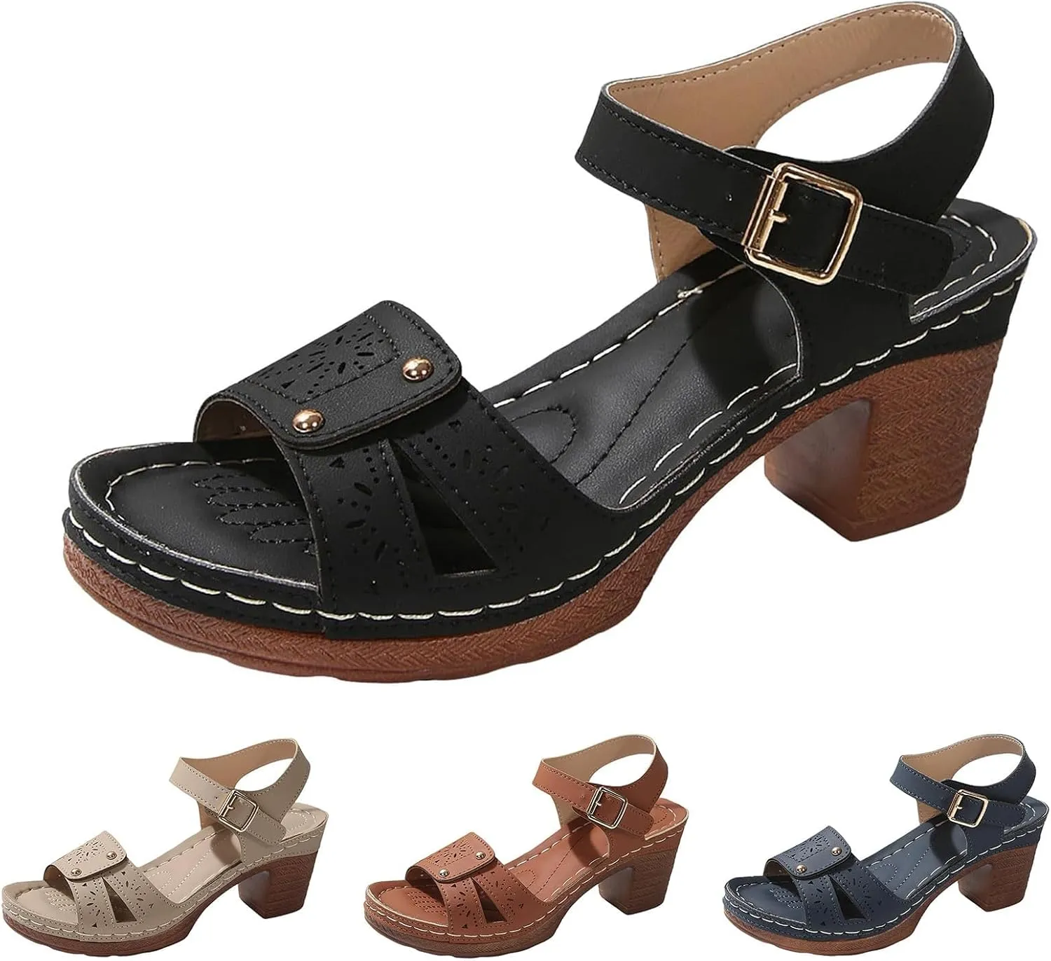 Platform Heels for Women 2025 Suede Chunky Heels Sandals Open Toe Block Heeled Sandals with Adjustable Straps Hollow Out Flowers Summer Shoes