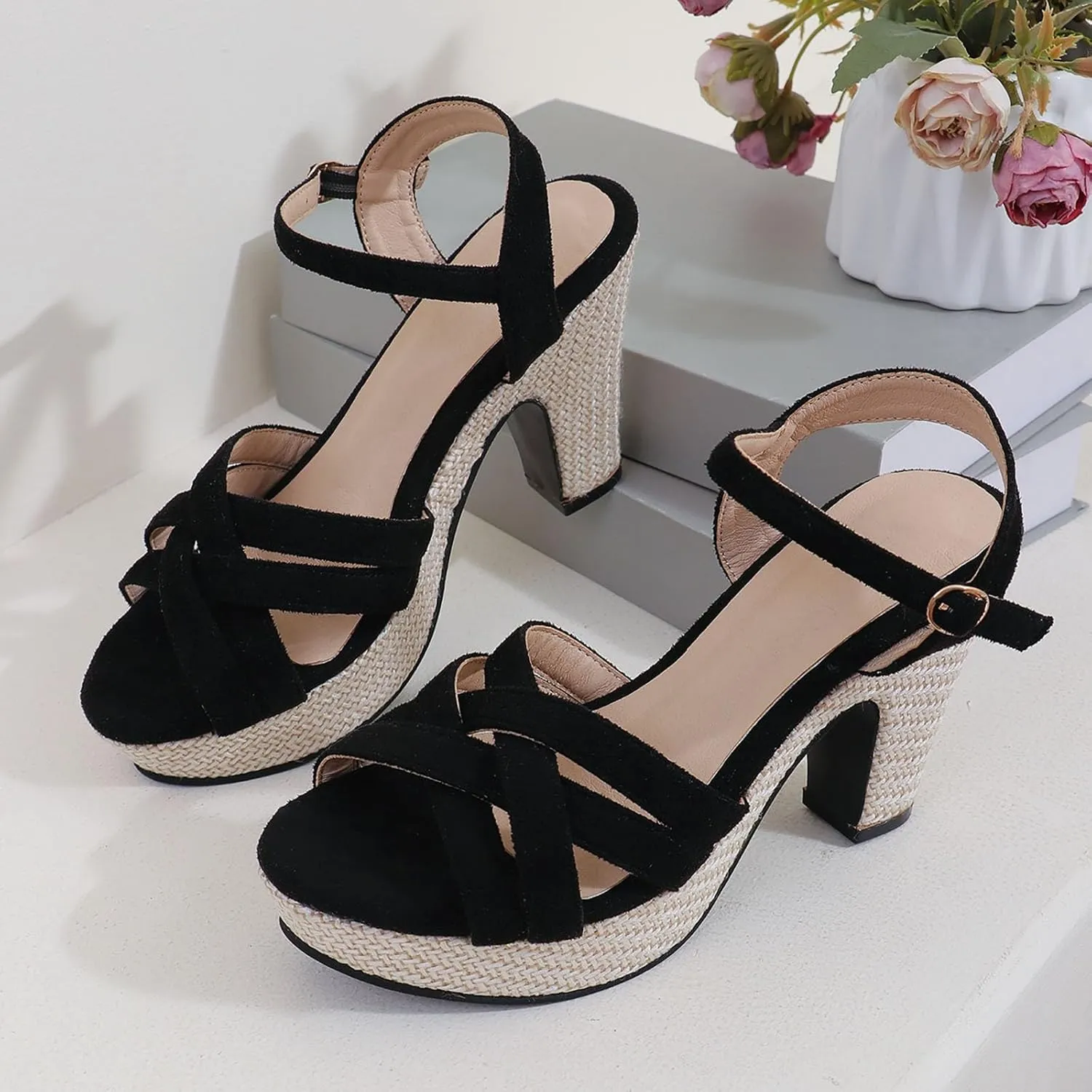 Platform Heels for Women Black Dress Shoes Chunky High Heel Sandals Ankle Strap Wedding Evening Party Dress Pumps