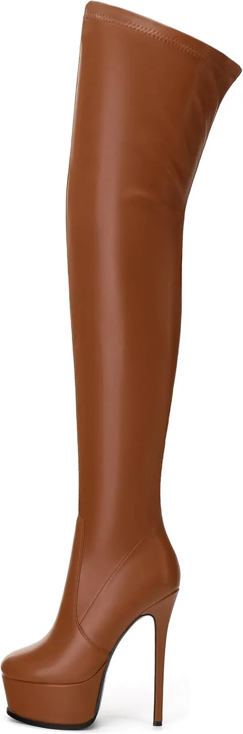 Platform Over The Knee Boots for Women Thigh High Stiletto Zipper Round Toe Long Boots Classic Sexy Fashion Tall Boots