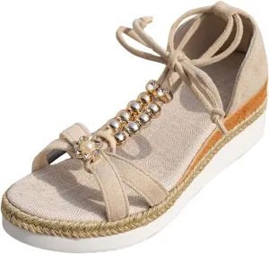 Platform Sandals Wide Width Beads Strappy Espadrilles Sandals Soft Cushion Comfortable Walking Summer Shoes