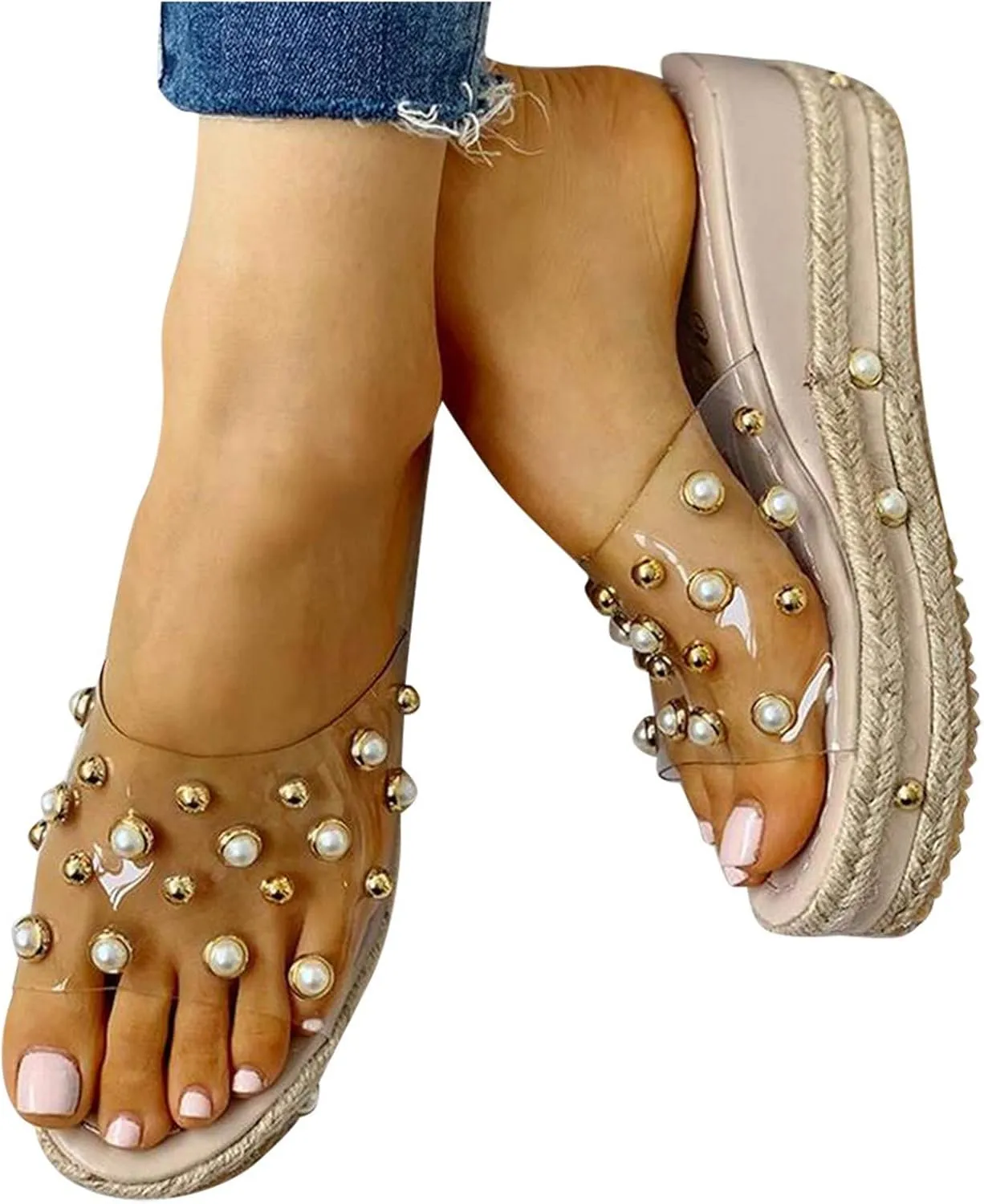 Platform Sandals Women 2025 Trendy Wedge Sandals Clear Strap Platform Wedge Slippers Pearl Slide Heels Shoes
