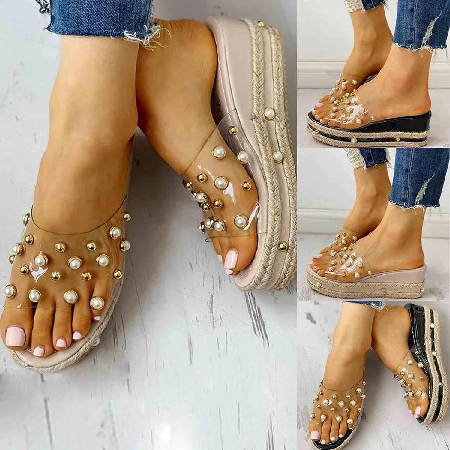 Platform Sandals Women 2025 Trendy Wedge Sandals Clear Strap Platform Wedge Slippers Pearl Slide Heels Shoes