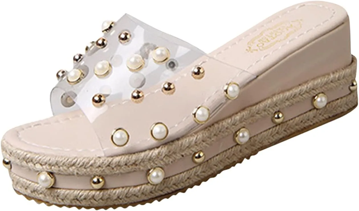 Platform Sandals Women 2025 Trendy Wedge Sandals Clear Strap Platform Wedge Slippers Pearl Slide Heels Shoes