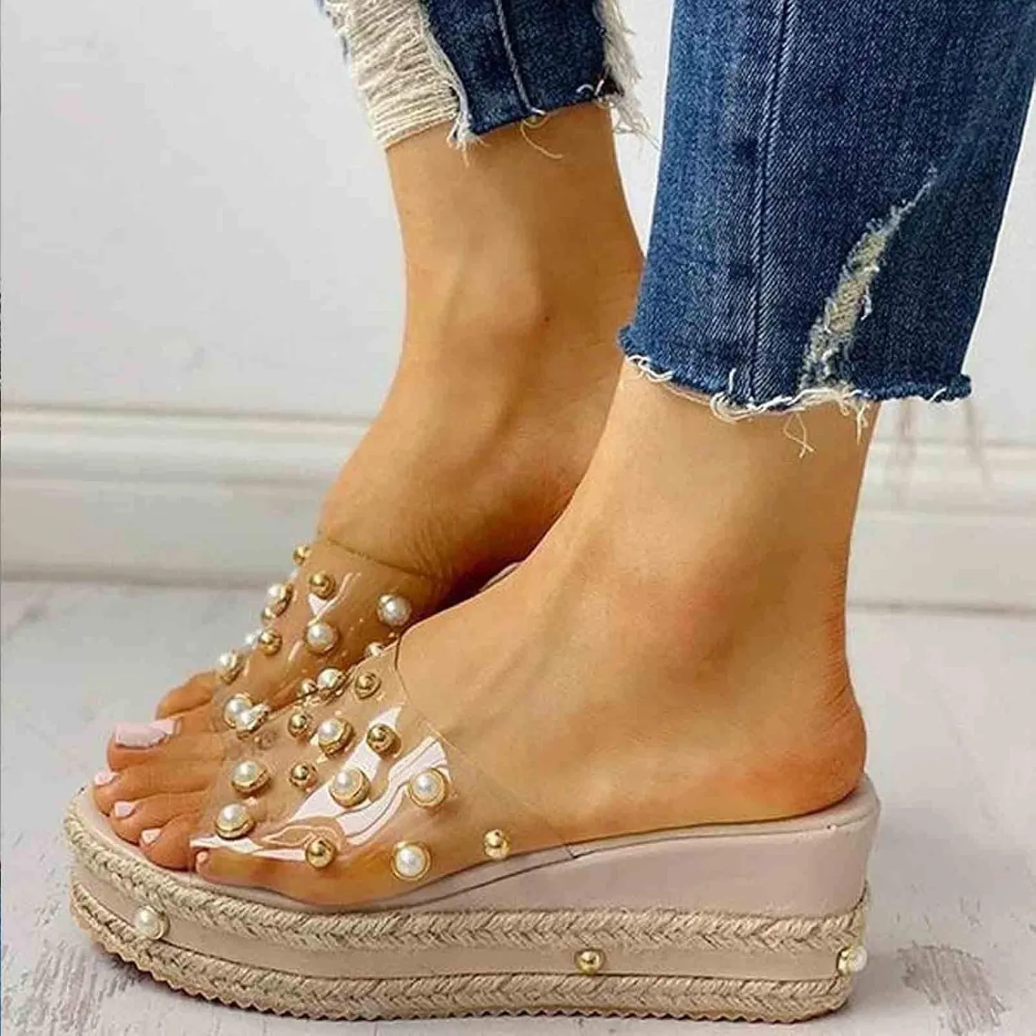 Platform Sandals Women 2025 Trendy Wedge Sandals Clear Strap Platform Wedge Slippers Pearl Slide Heels Shoes