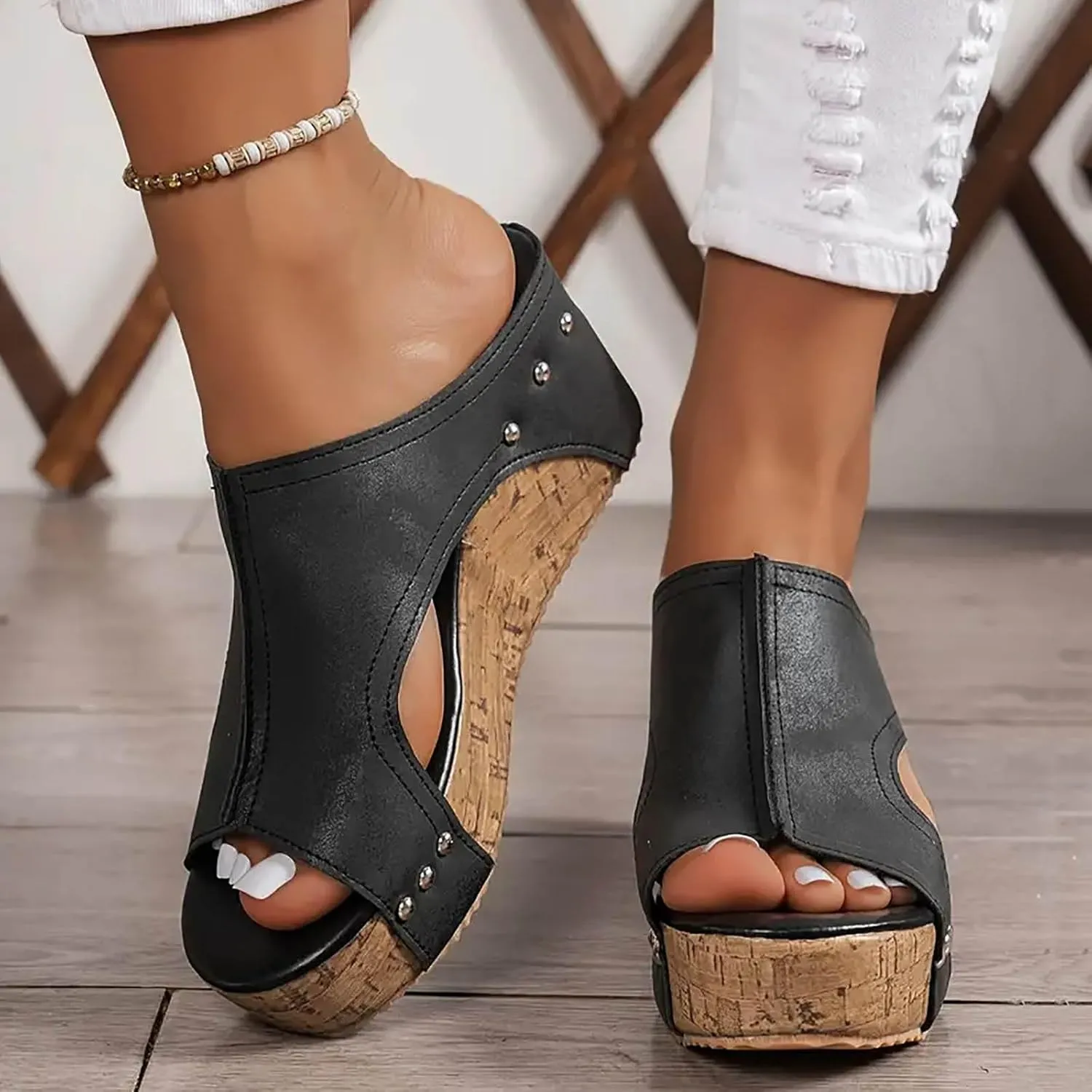 Platform Sandals Women Summer Beach Black Sandals Wedge Heel Slip on Sandals Travel Bohemia Walking Shoes