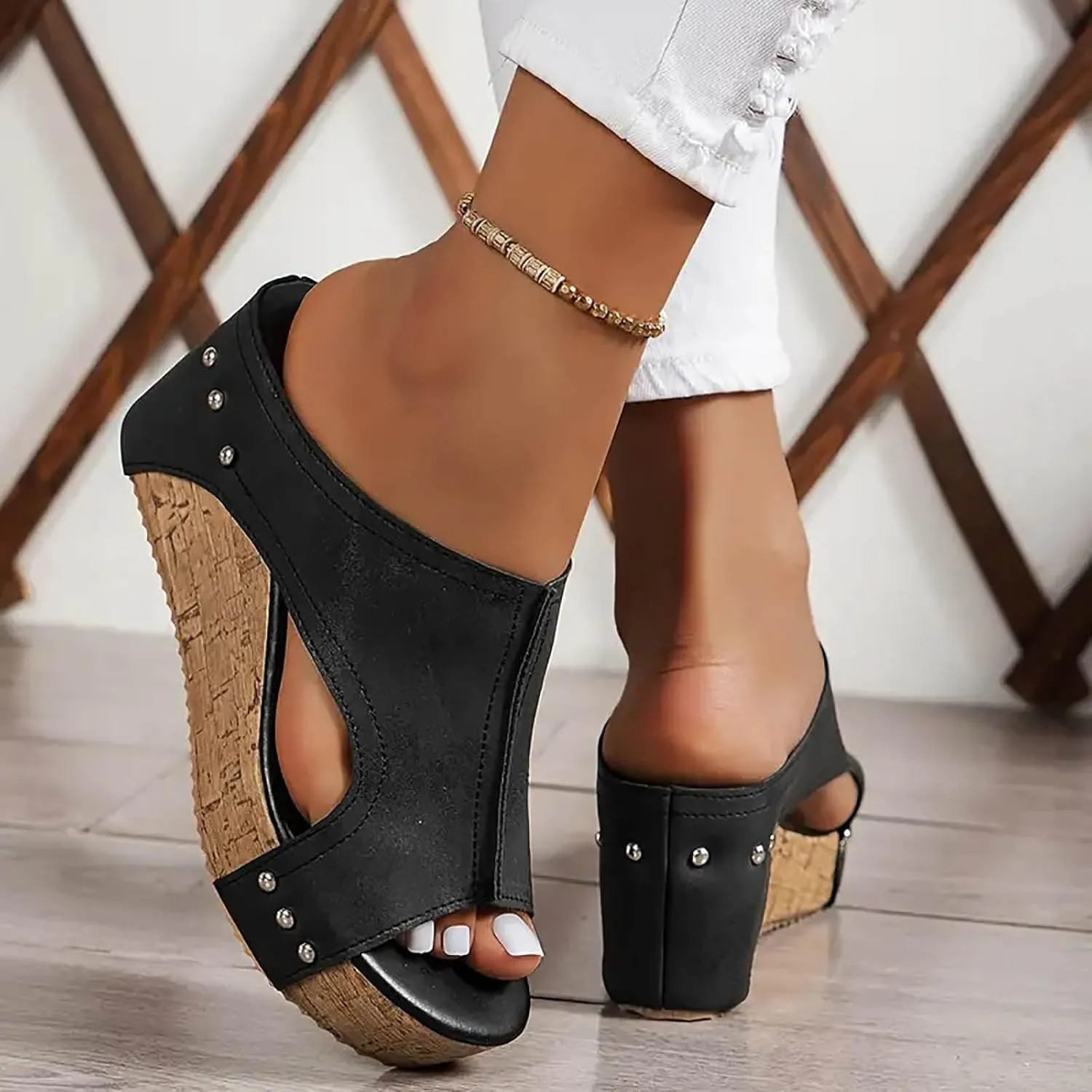 Platform Sandals Women Summer Beach Black Sandals Wedge Heel Slip on Sandals Travel Bohemia Walking Shoes