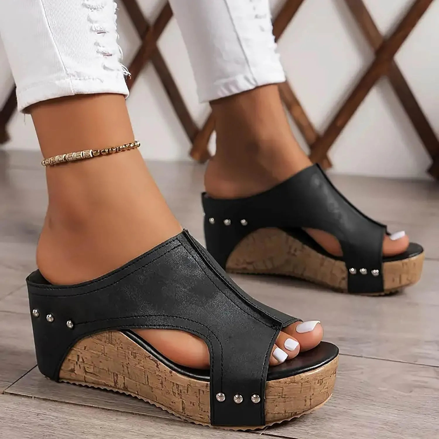 Platform Sandals Women Summer Beach Black Sandals Wedge Heel Slip on Sandals Travel Bohemia Walking Shoes