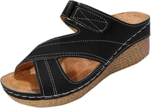 Platform Sandals Women Summer Orthopedic Arch Support Flat Slip on Wide Width Leather Wedge Damping Sole Lightweight Heels Diabetic Comfortable Dressy Casual Beach Vacation Walking Shoes