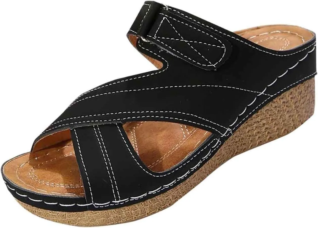 Platform Sandals Women Summer Orthopedic Arch Support Flat Slip on Wide Width Leather Wedge Damping Sole Lightweight Heels Diabetic Comfortable Dressy Casual Beach Vacation Walking Shoes