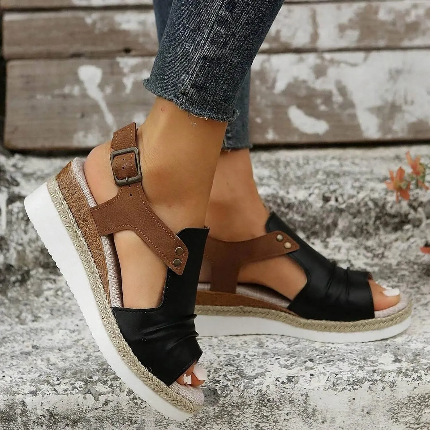 Platform Wedge Sandals for Women Open Toe Ankle Strap Orthopedic Sandals Casual Strappy Low Wedges Sandals Summer Dress 2023 Beach Sandals Dress Shoes Comfortable Outdoor Shoes (Black-c, 6.5)