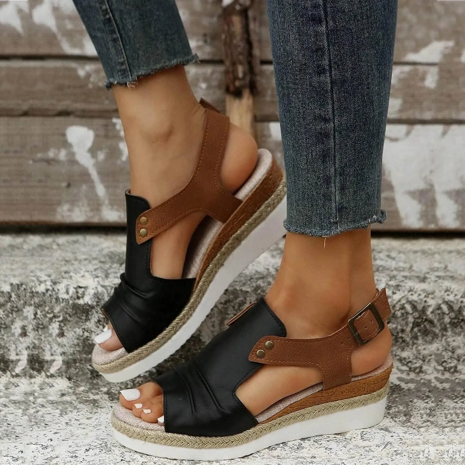 Platform Wedge Sandals for Women Open Toe Ankle Strap Orthopedic Sandals Casual Strappy Low Wedges Sandals Summer Dress 2023 Beach Sandals Dress Shoes Comfortable Outdoor Shoes (Black-c, 6.5)