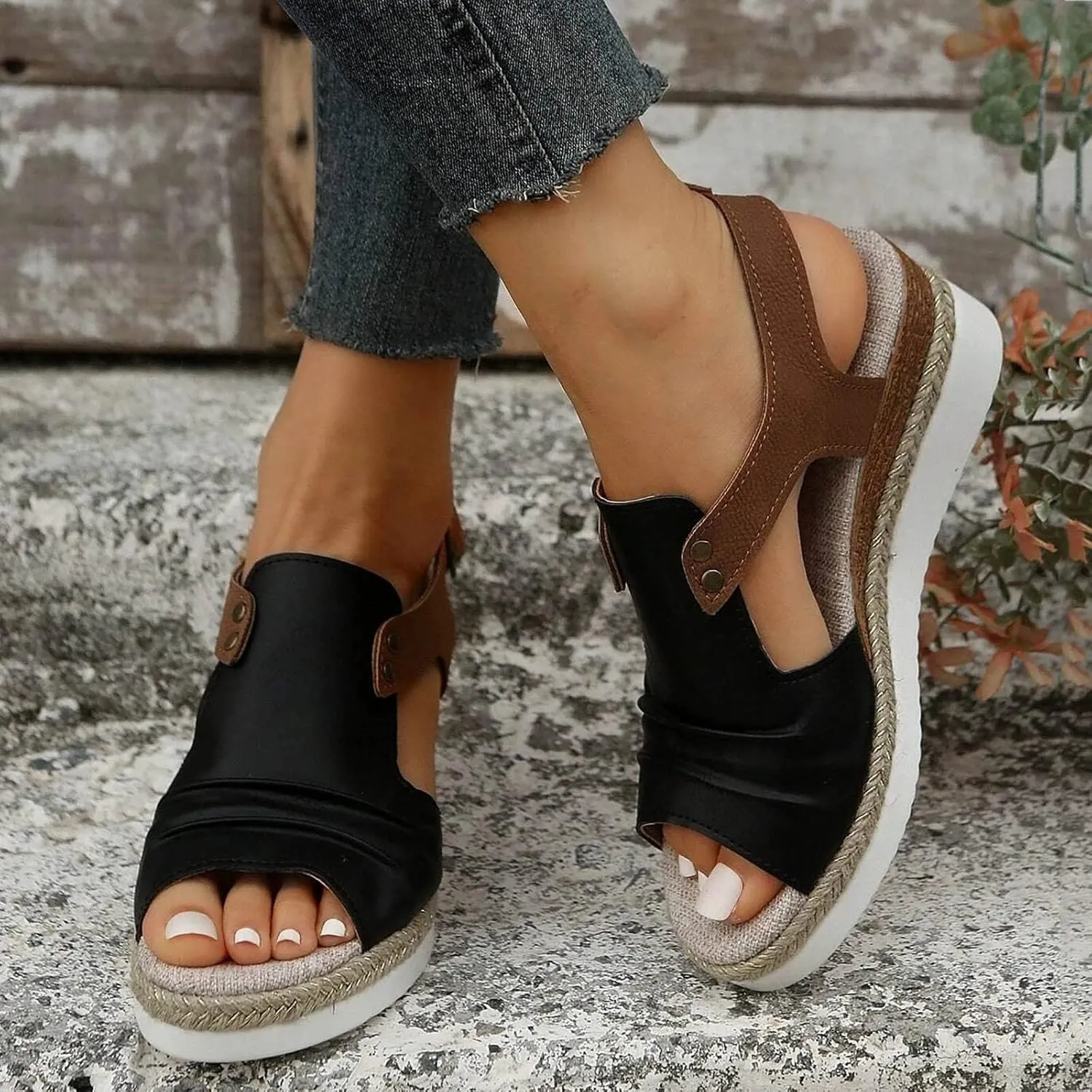 Platform Wedge Sandals for Women Open Toe Ankle Strap Orthopedic Sandals Casual Strappy Low Wedges Sandals Summer Dress 2023 Beach Sandals Dress Shoes Comfortable Outdoor Shoes (Black-c, 6.5)