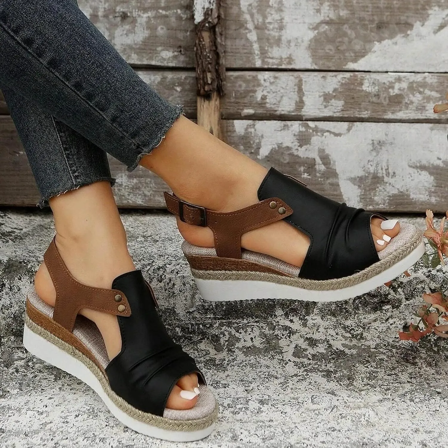 Platform Wedge Sandals for Women Open Toe Ankle Strap Orthopedic Sandals Casual Strappy Low Wedges Sandals Summer Dress 2023 Beach Sandals Dress Shoes Comfortable Outdoor Shoes (Black-c, 6.5)
