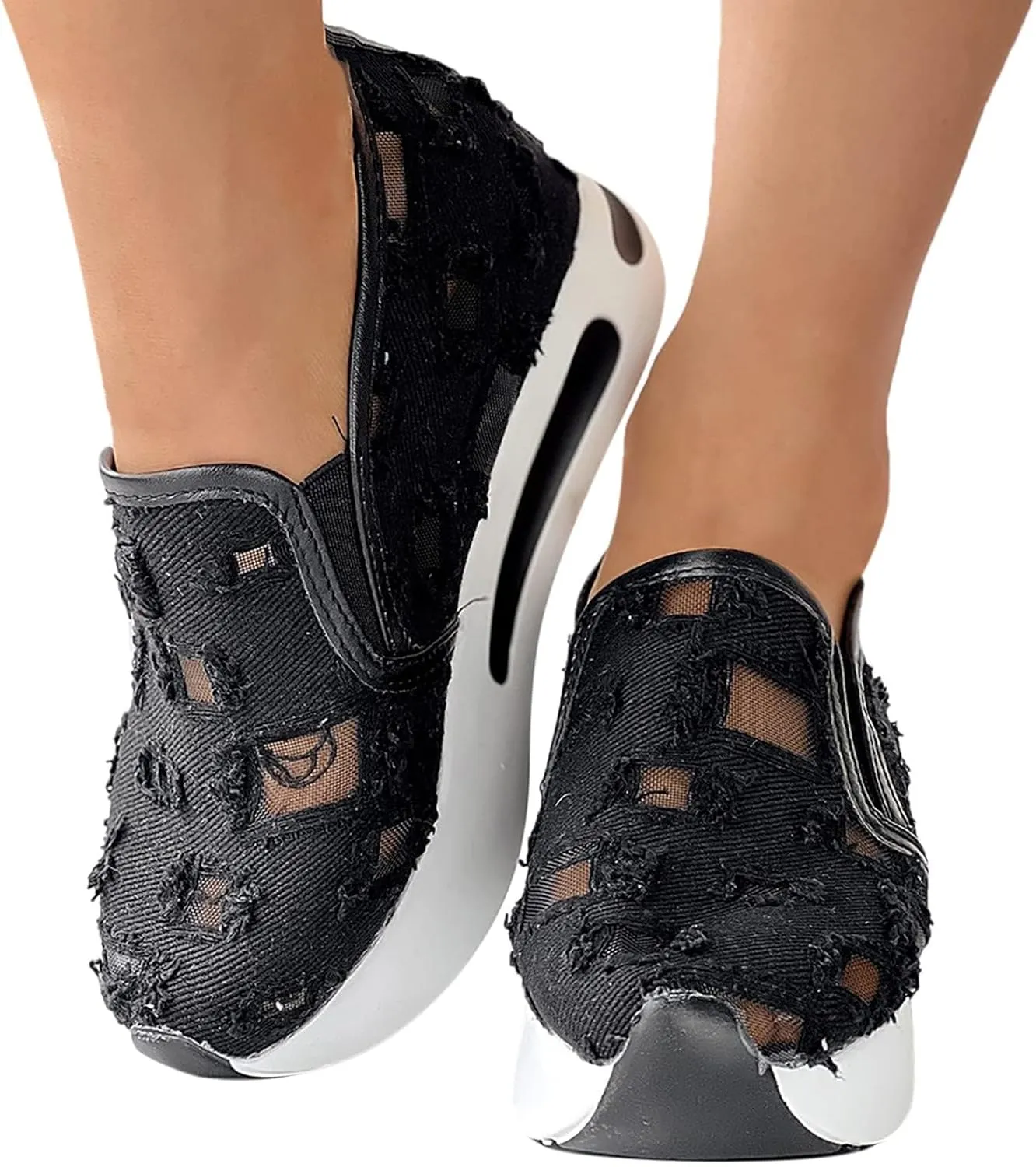 Platform Wedge Sneakers for Women Mesh Floral Embroidery Breathable Walking Shoes Air Comfort Chunky Slip On Arch Support Work Shoes