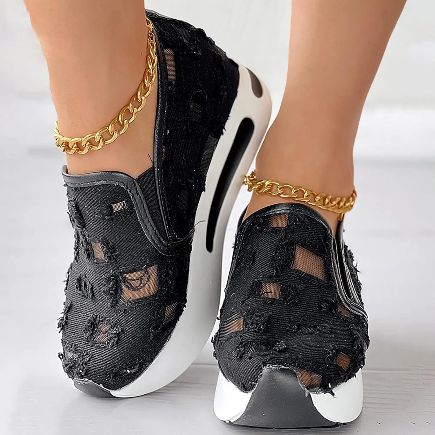 Platform Wedge Sneakers for Women Mesh Floral Embroidery Breathable Walking Shoes Air Comfort Chunky Slip On Arch Support Work Shoes