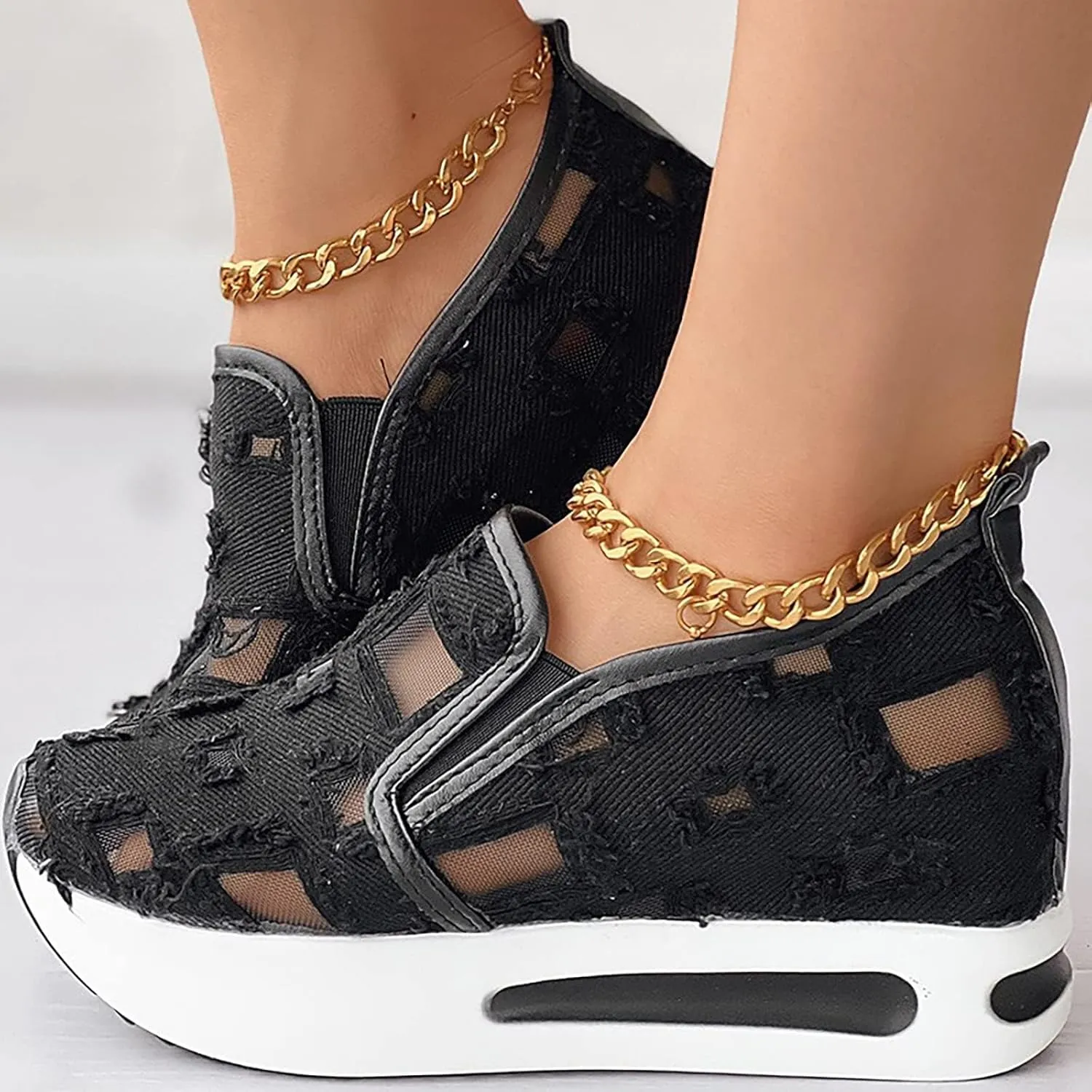 Platform Wedge Sneakers for Women Mesh Floral Embroidery Breathable Walking Shoes Air Comfort Chunky Slip On Arch Support Work Shoes